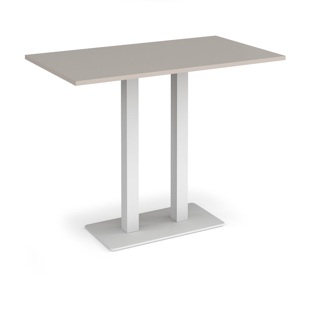 Rectangular poseur table with light grey top and flat rectangular white base on a white background