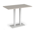 Rectangular poseur table with light grey top and flat rectangular white base on a white background