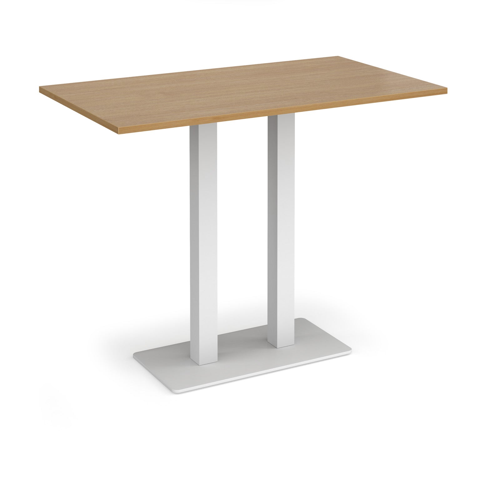 Rectangular poseur table with wood-effect top and flat rectangular white base on a white background