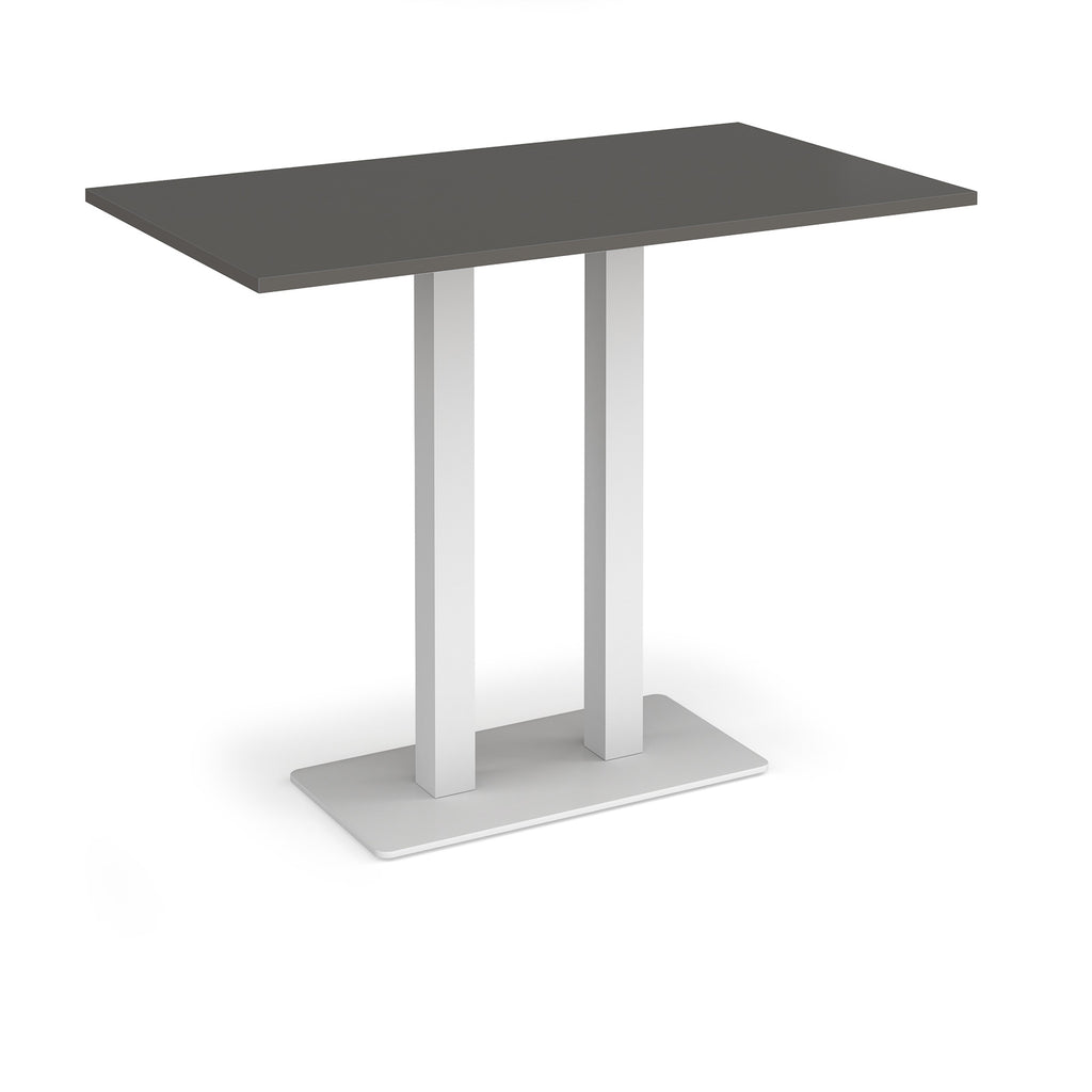 Rectangular poseur table with grey top and flat rectangular white base on a white background