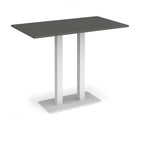 Rectangular poseur table with grey top and flat rectangular white base on a white background