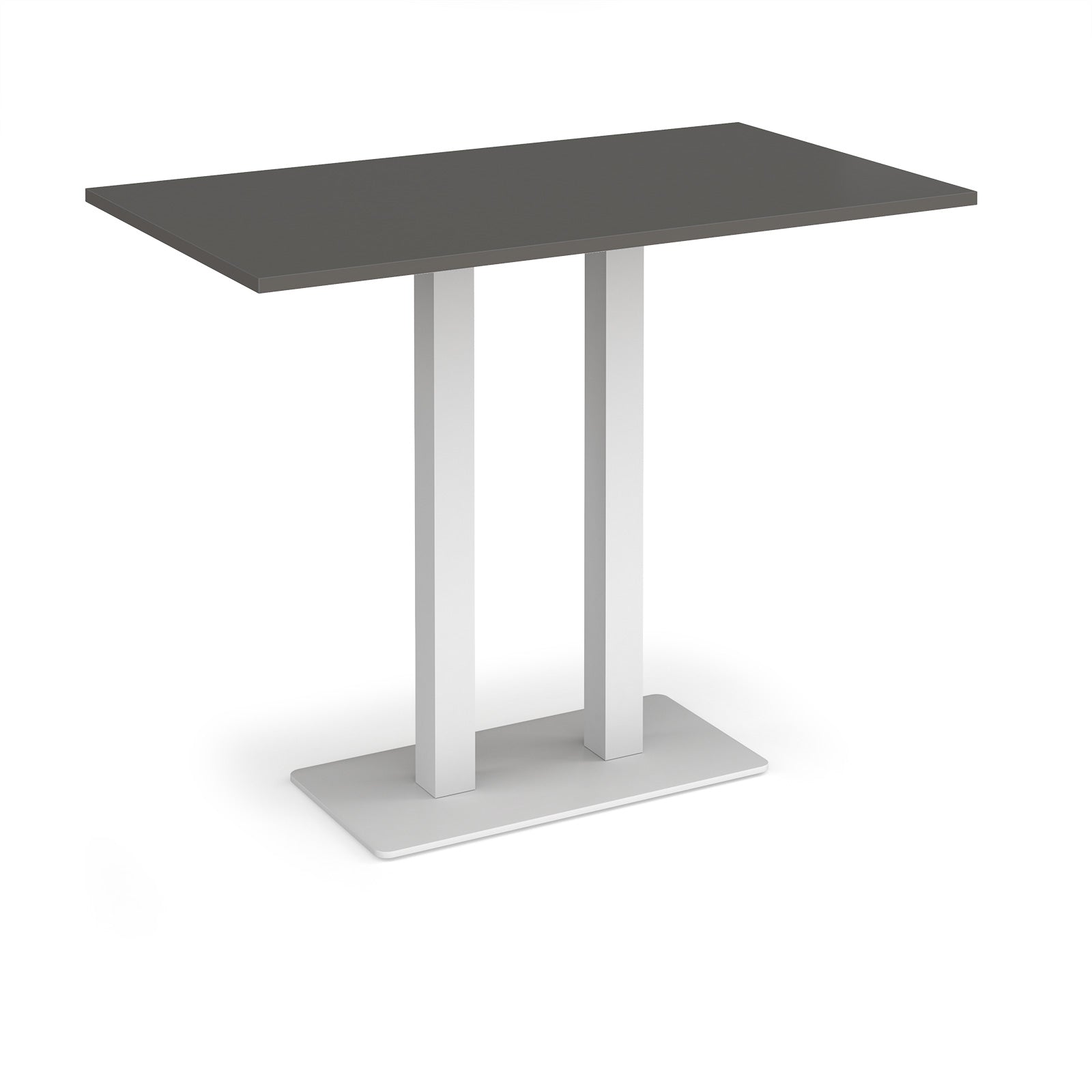 Rectangular poseur table with grey top and flat rectangular white base on a white background