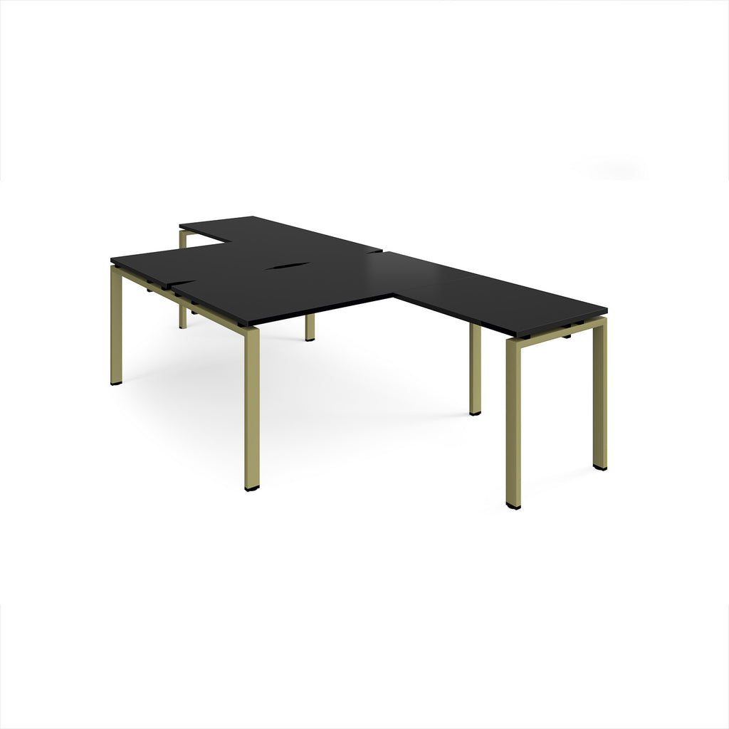 L-shaped back-to-back desks with black top and a green metal frame on a white background