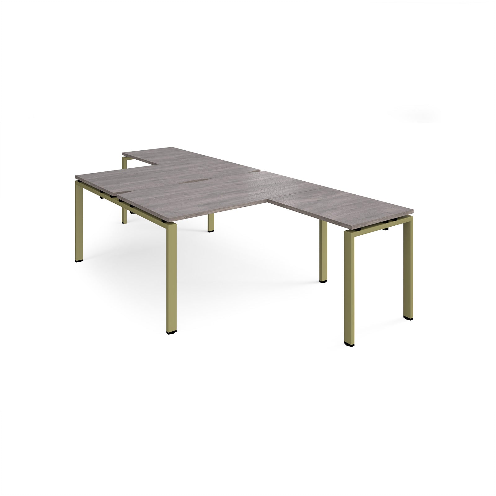 L-shaped back-to-back desks with grey wood-effect top and a green metal frame on a white background