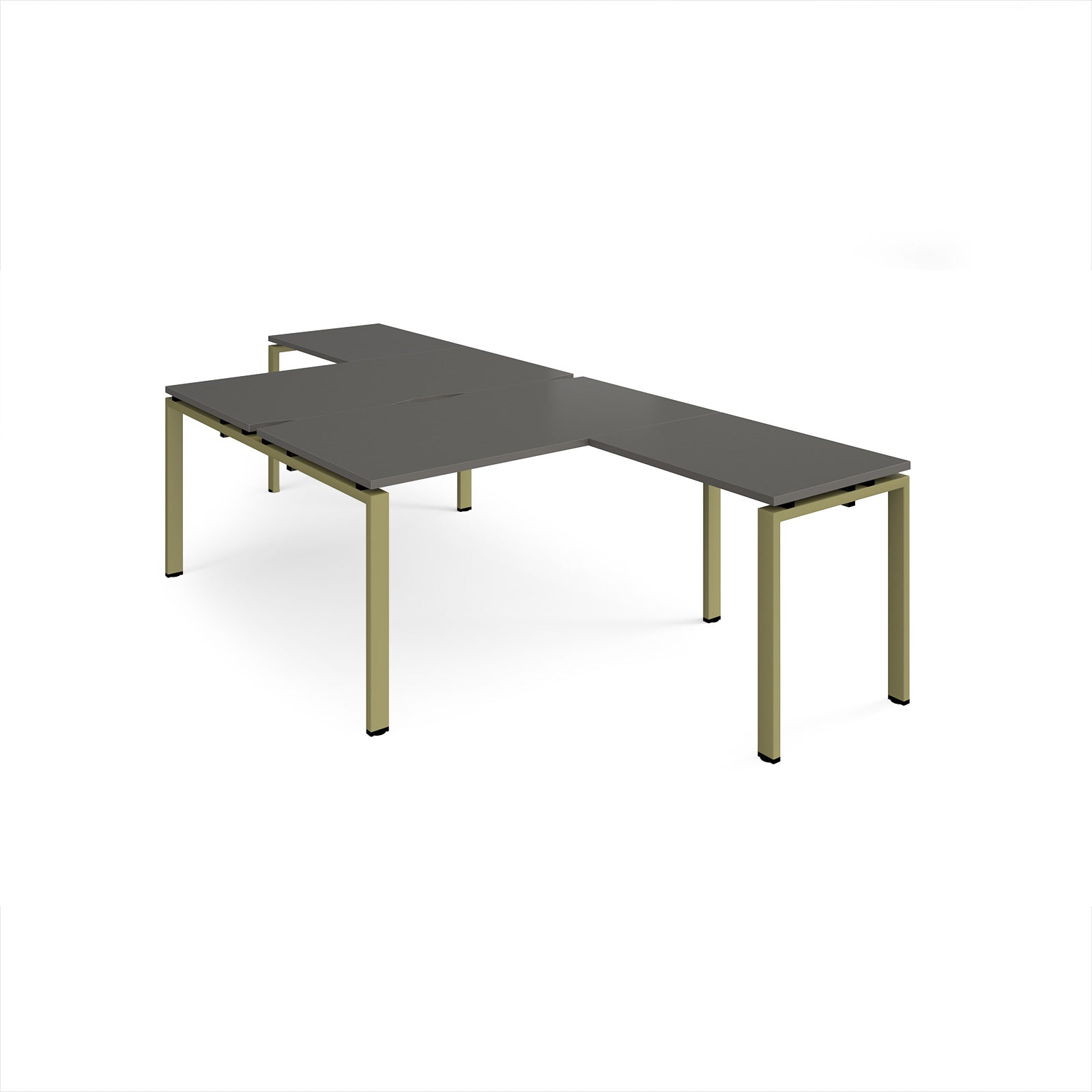 L-shaped grey desks with wood-effect top and a green metal frame on a white background