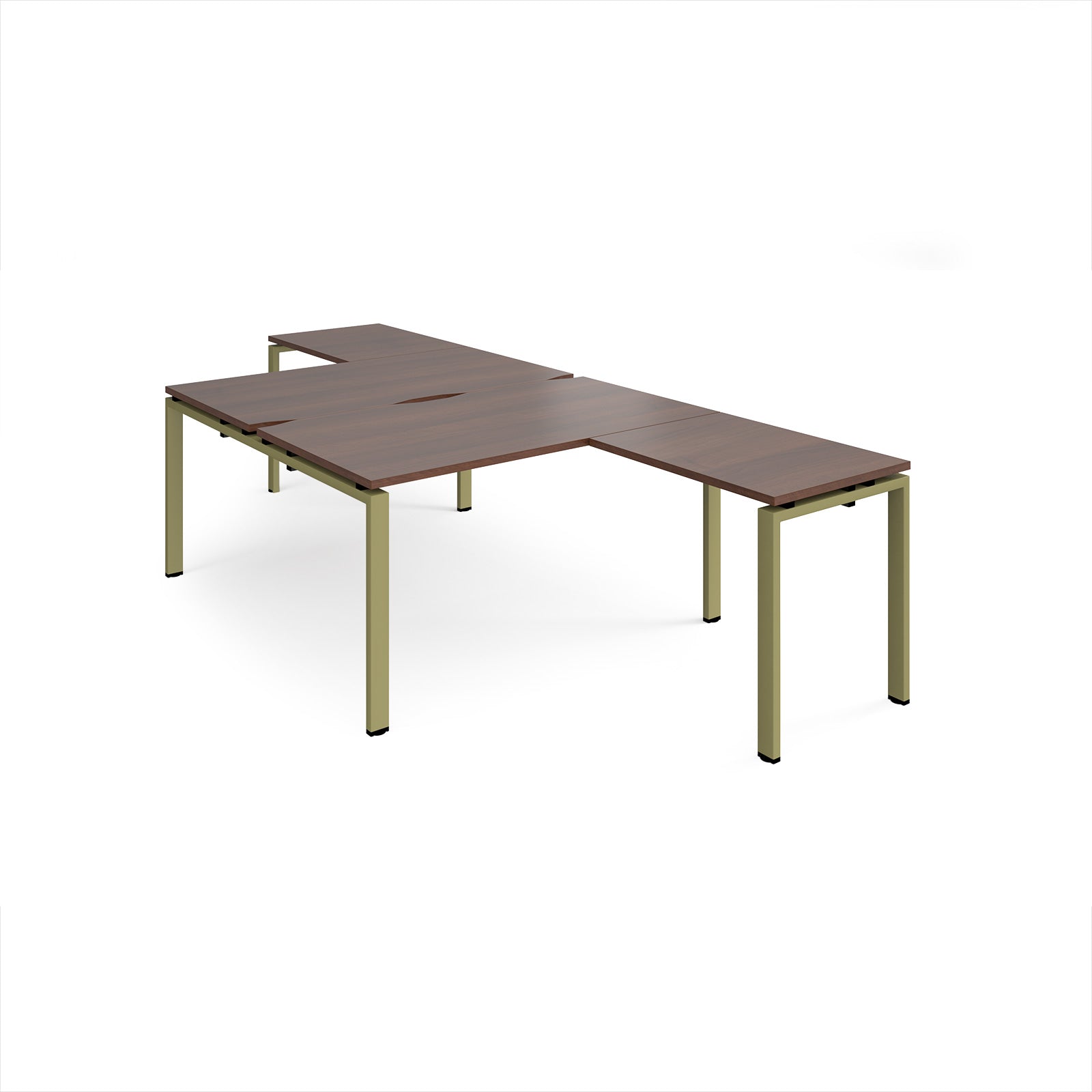 L-shaped back-to-back desks with wood-effect top and a green metal frame on a white background