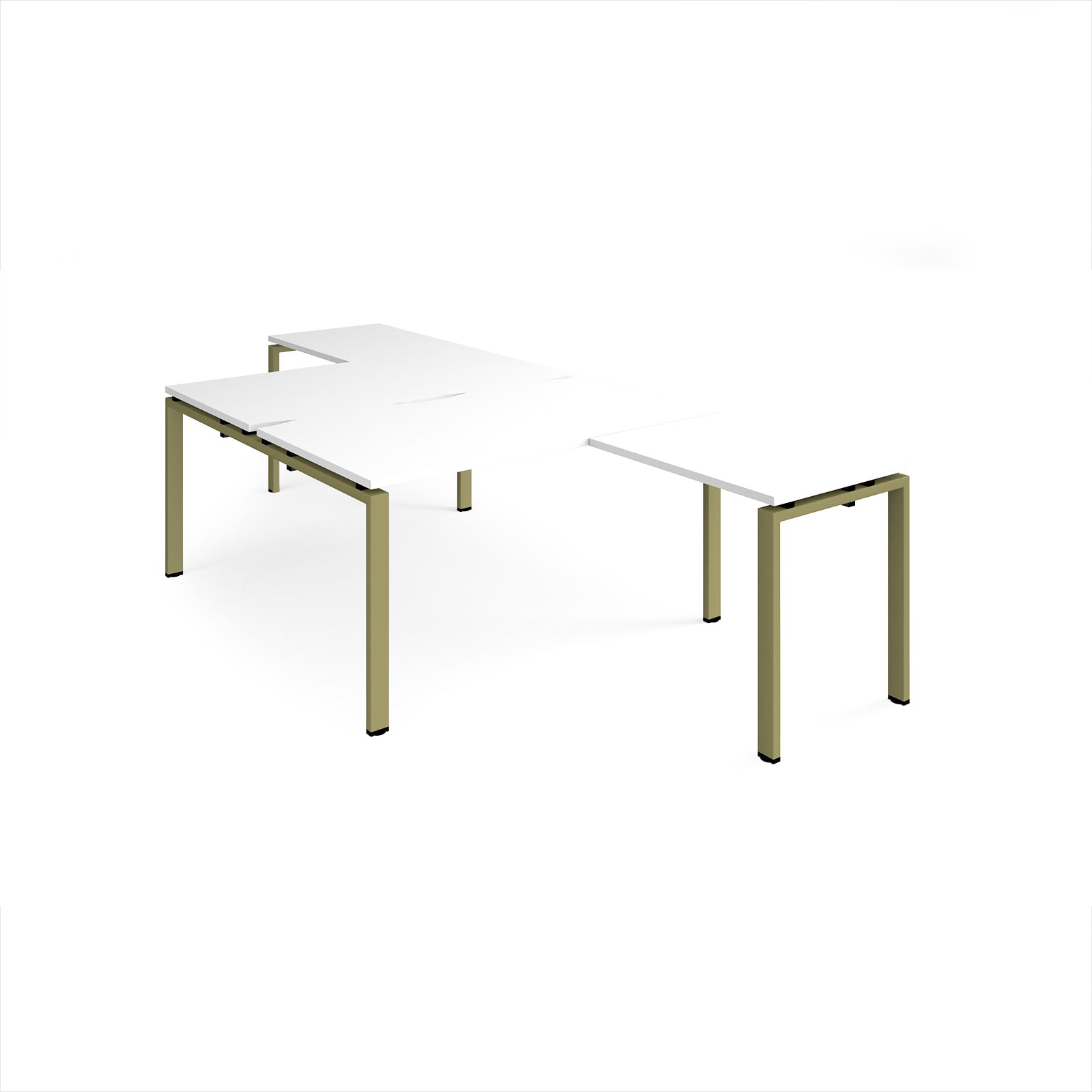 L-shaped back-to-back desks with white top and a green metal frame on a white background