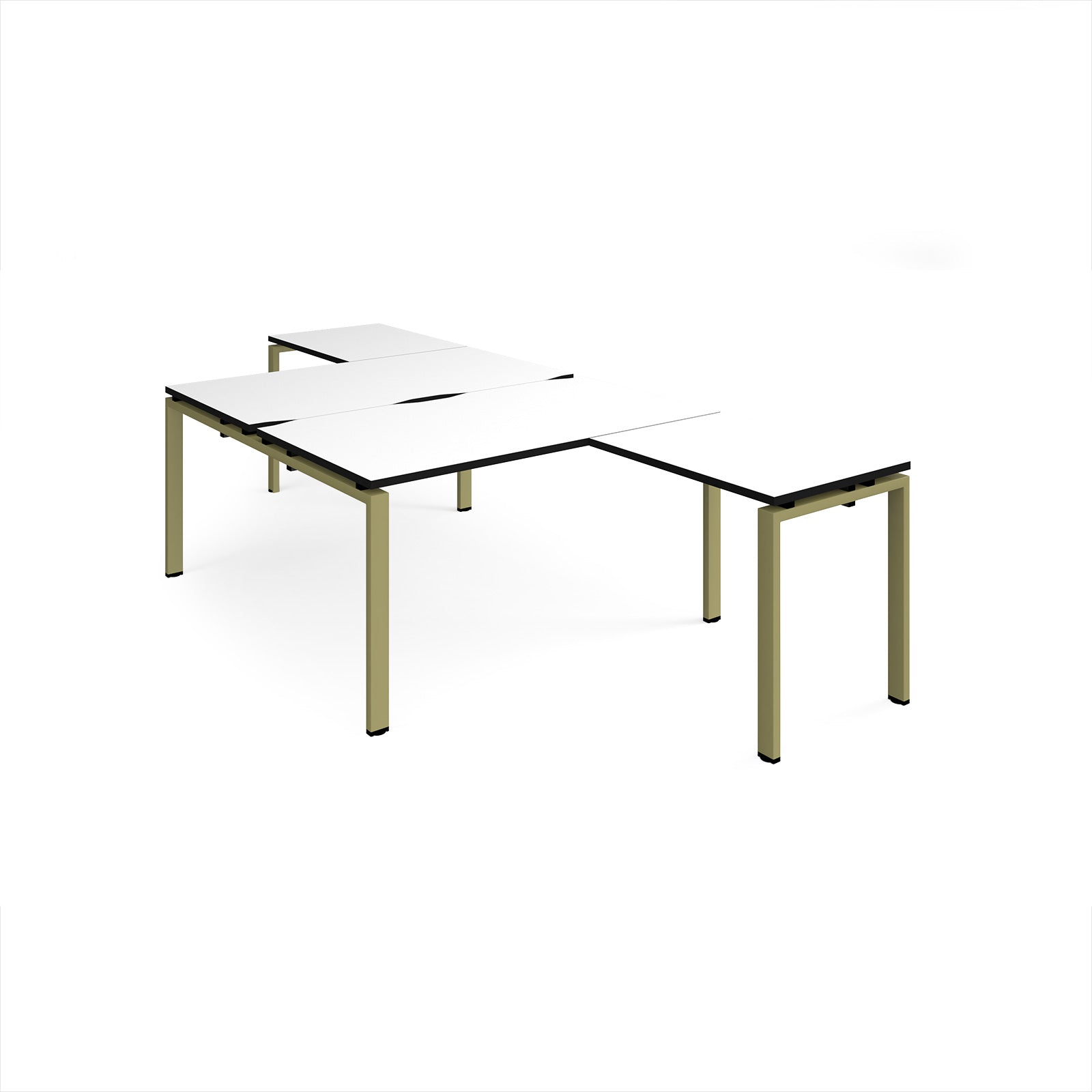 L-shaped back-to-back desks with white top with black edges and a green metal frame on a white background