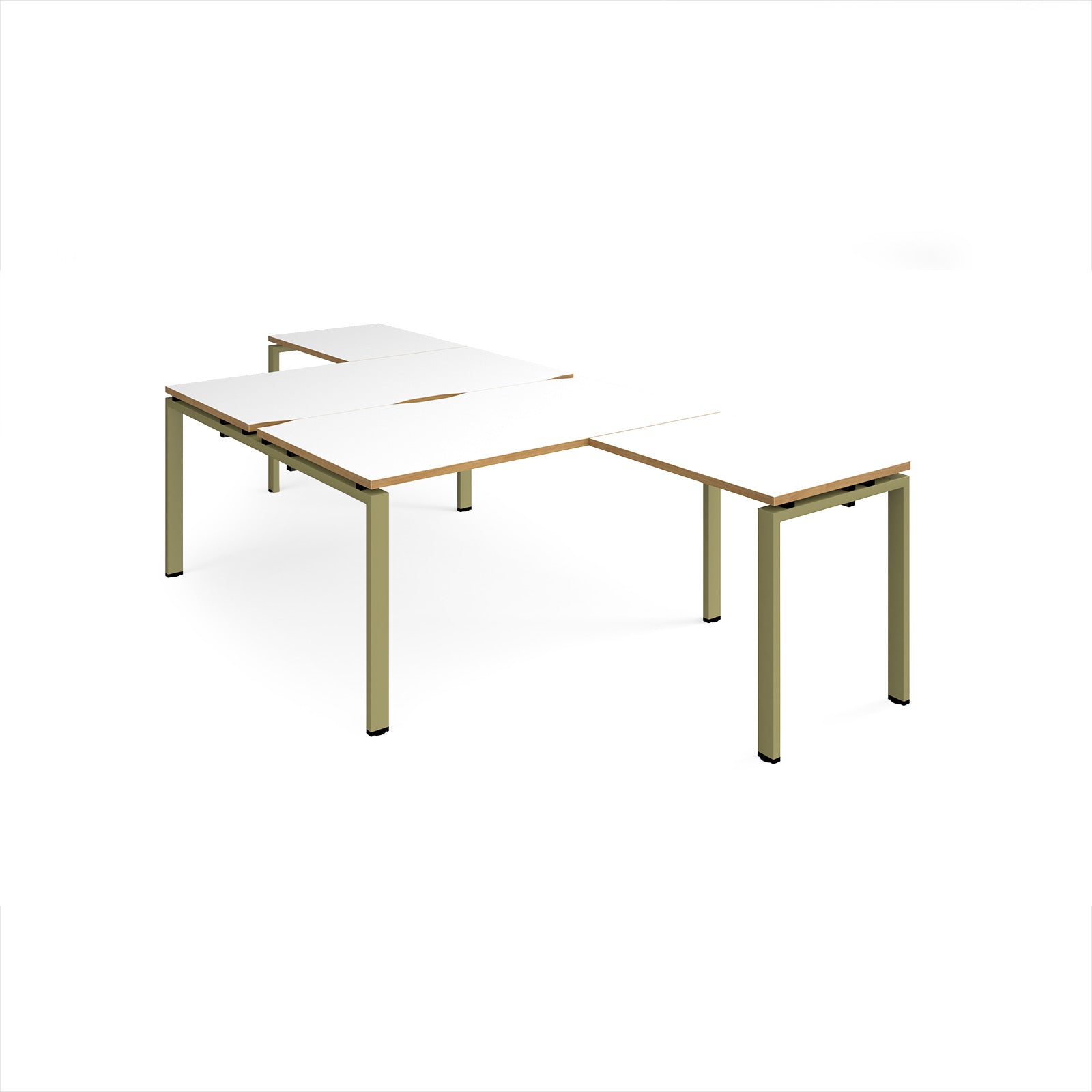 L-shaped back-to-back desks with white top with wooden edges and a green metal frame on a white background