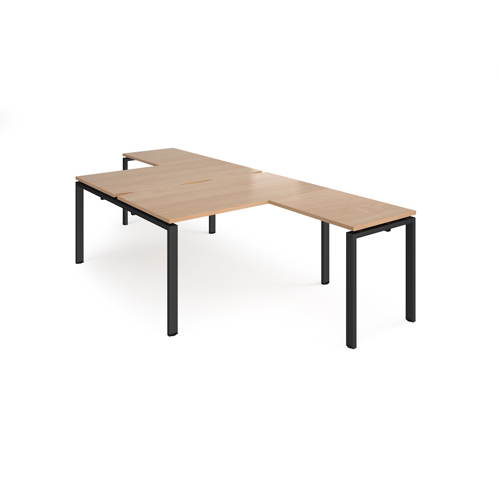L-shaped back-to-back desks with wood-effect top and a black metal frame on a white background