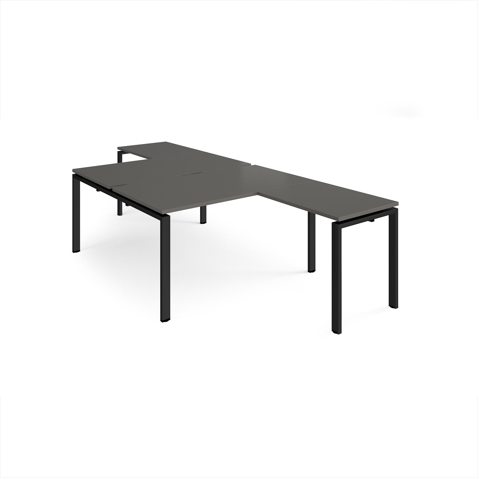 L-shaped back-to-back desks with grey top and a black metal frame on a white background