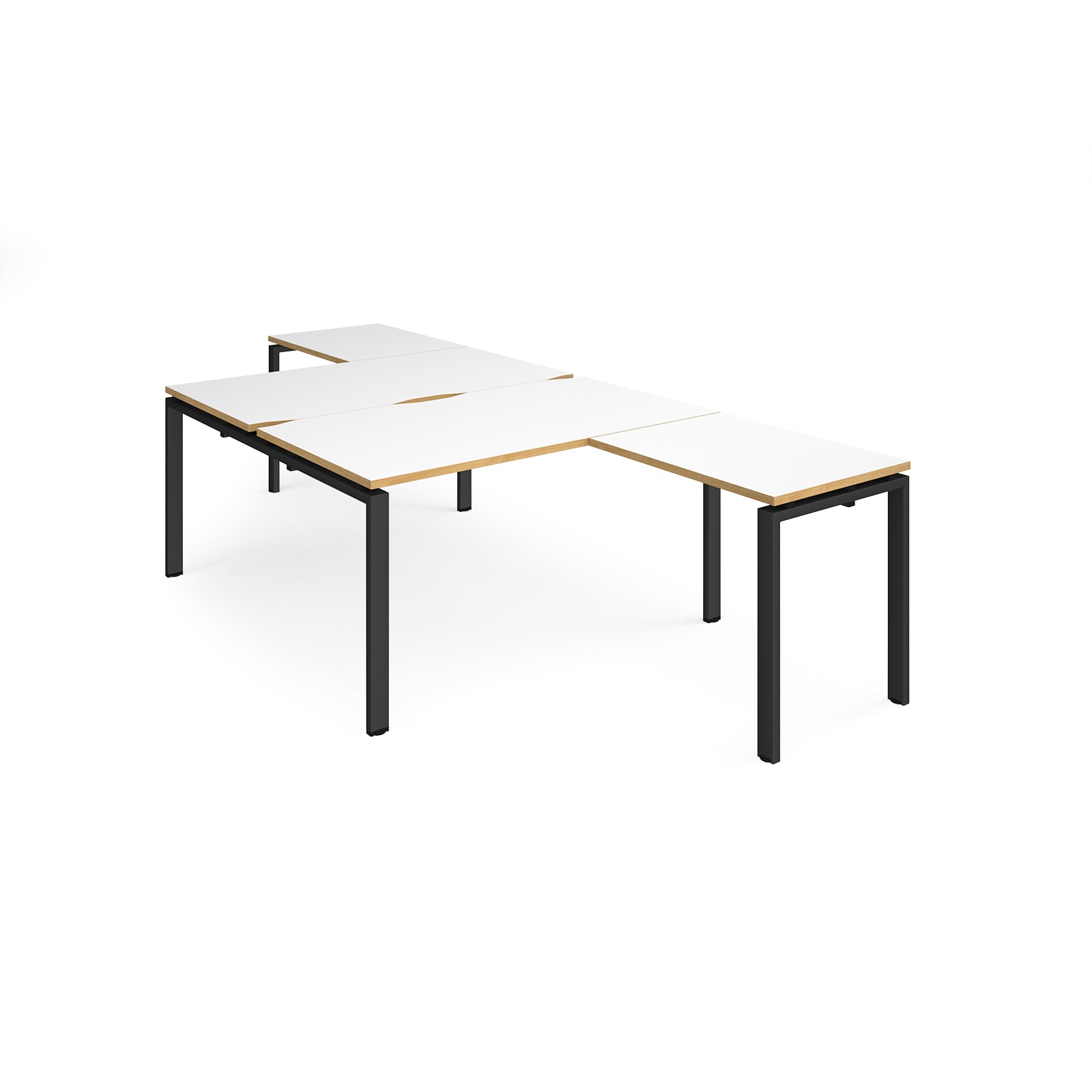 L-shaped back-to-back desks with white top with wooden edges and a black metal frame on a white background