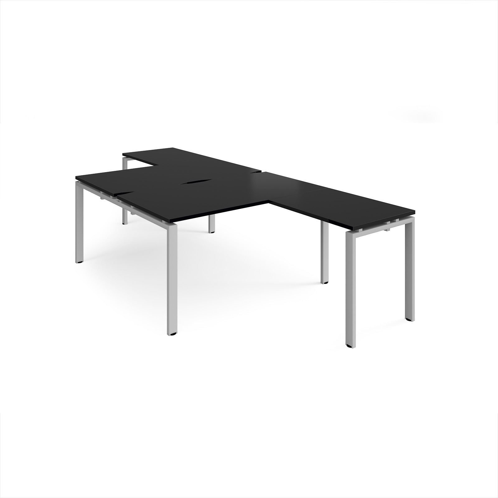 L-shaped back-to-back desks with black top and a silver metal frame on a white background