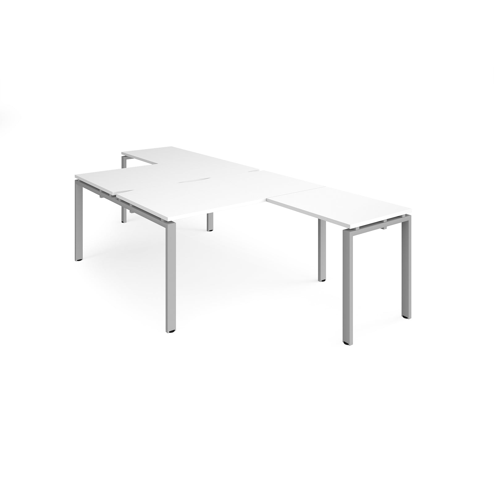 L-shaped back-to-back desks with white top and a silver metal frame on a white background