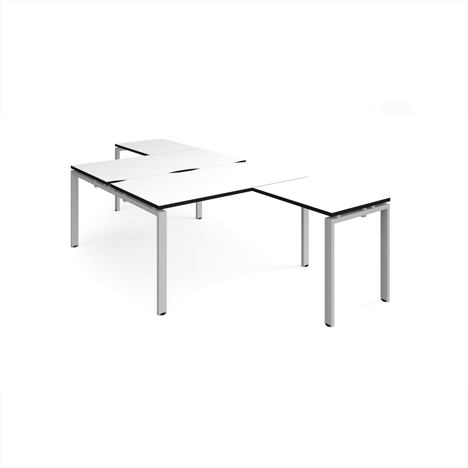 L-shaped back-to-back desks with white top with black edges and a silver metal frame on a white background