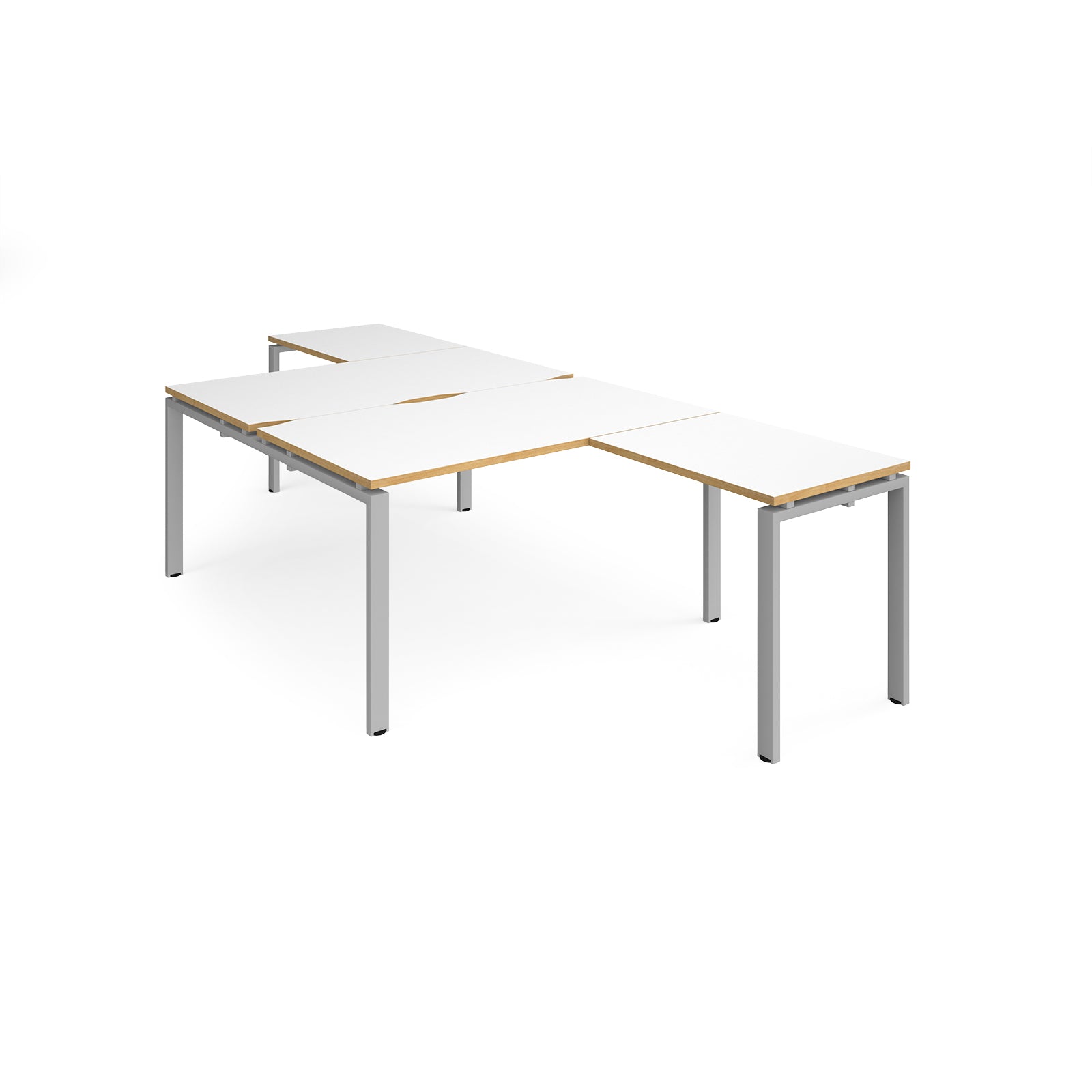 L-shaped back-to-back desks with white top with wooden edges and a silver metal frame on a white background