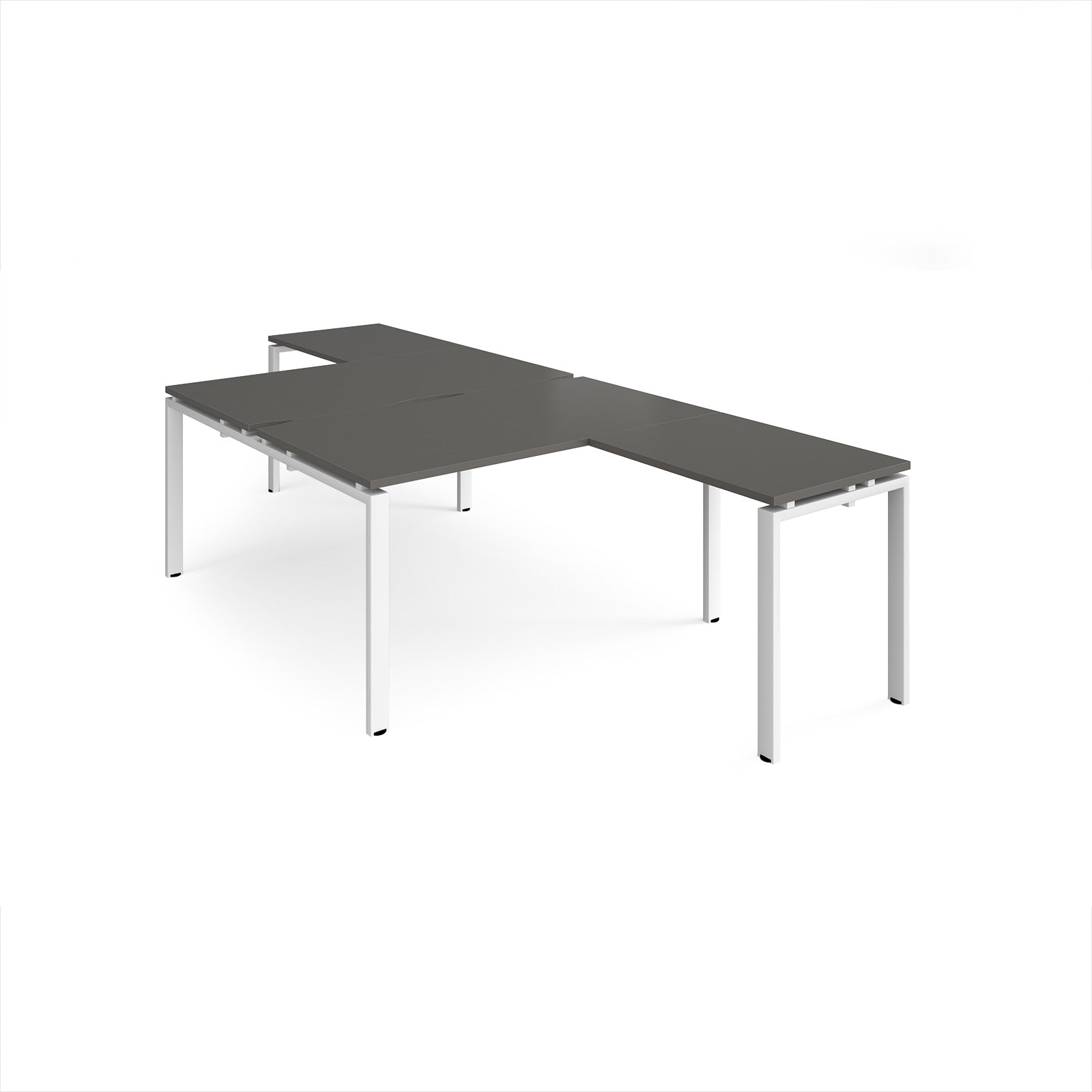 L-shaped back-to-back desks with grey top and a white metal frame on a white background