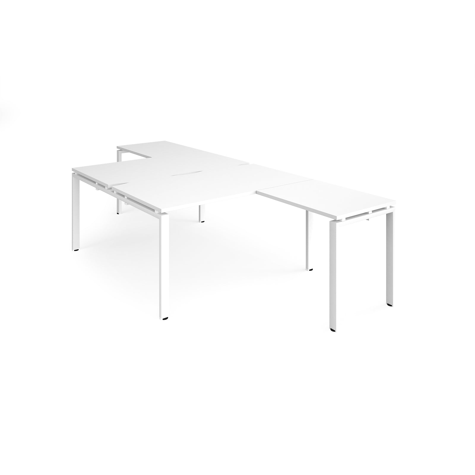 L-shaped back-to-back desks with white top and metal frame on a white background