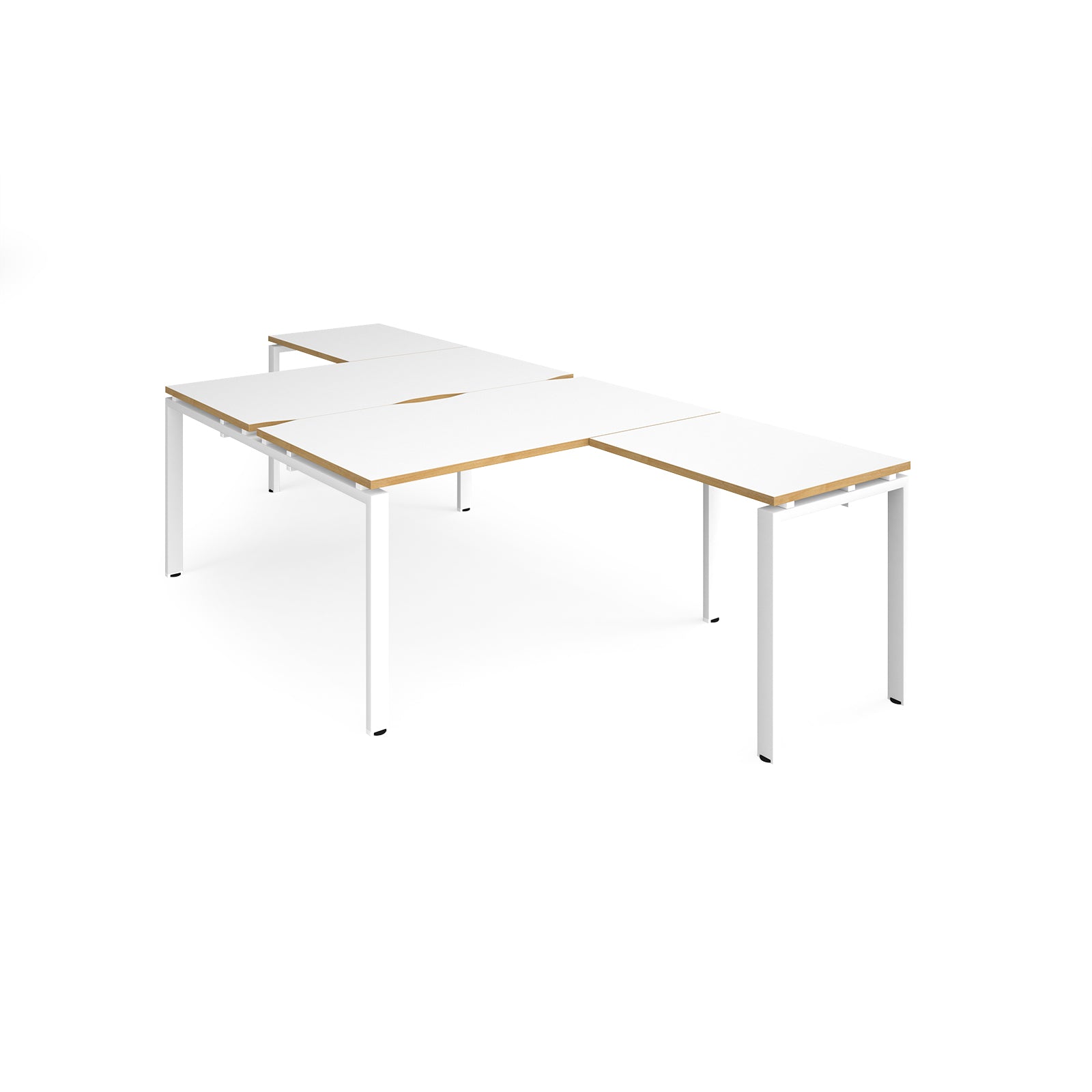 L-shaped back-to-back desks with white top with wooden edges and a white metal frame on a white background