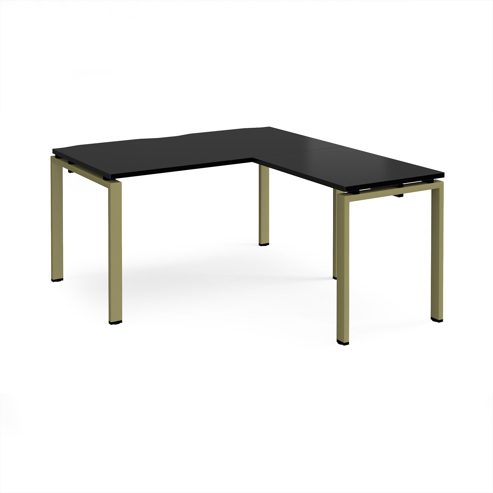 L-shaped desk with black top and green metal frame on a white background