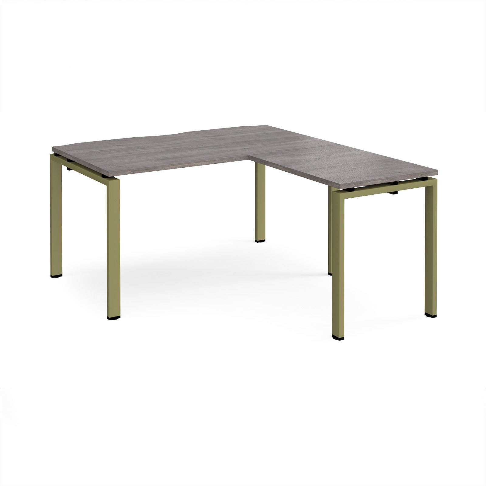 L-shaped desk with grey wood-effect top and green metal frame on a white background