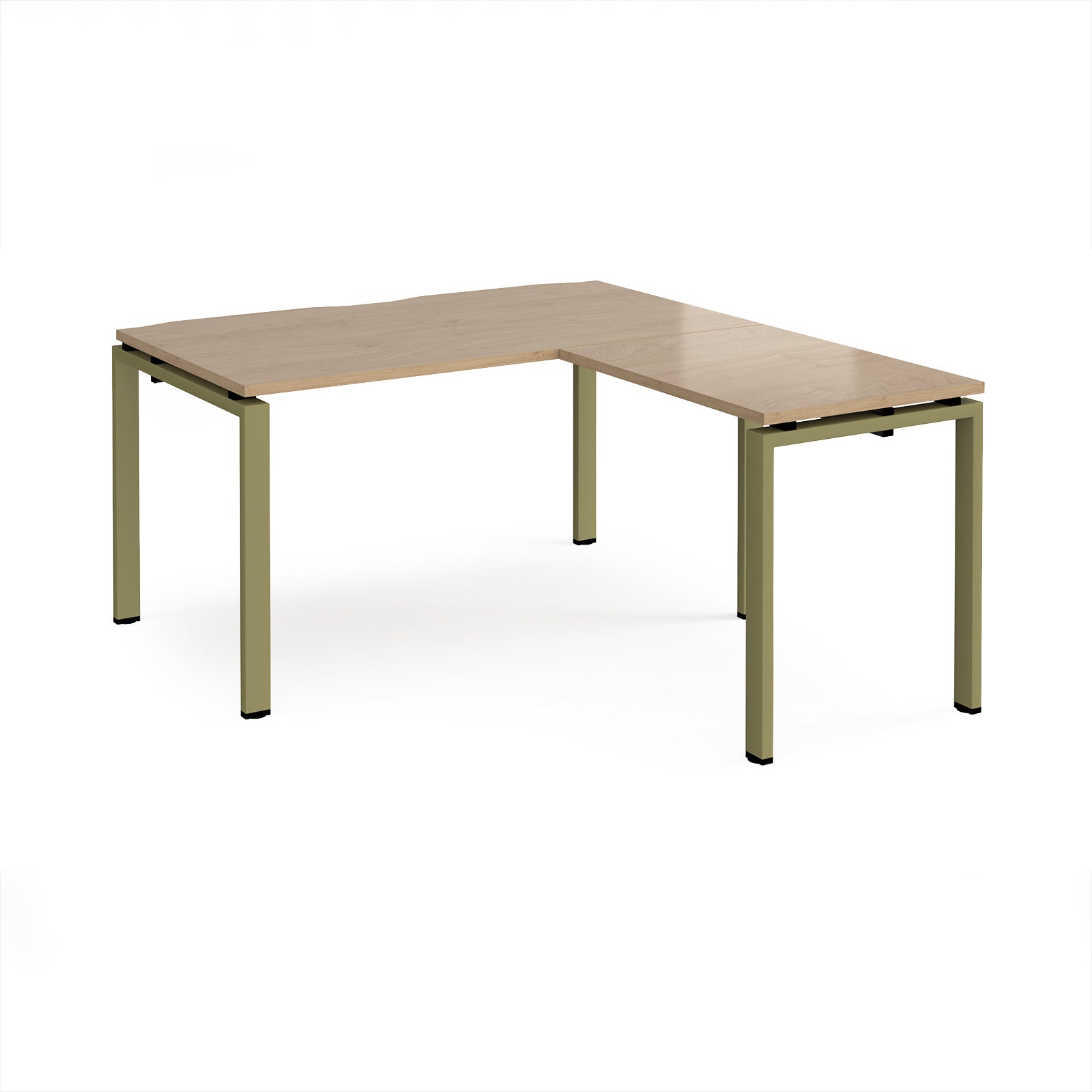 L-shaped desk with wood-effect top and green metal frame on a white background