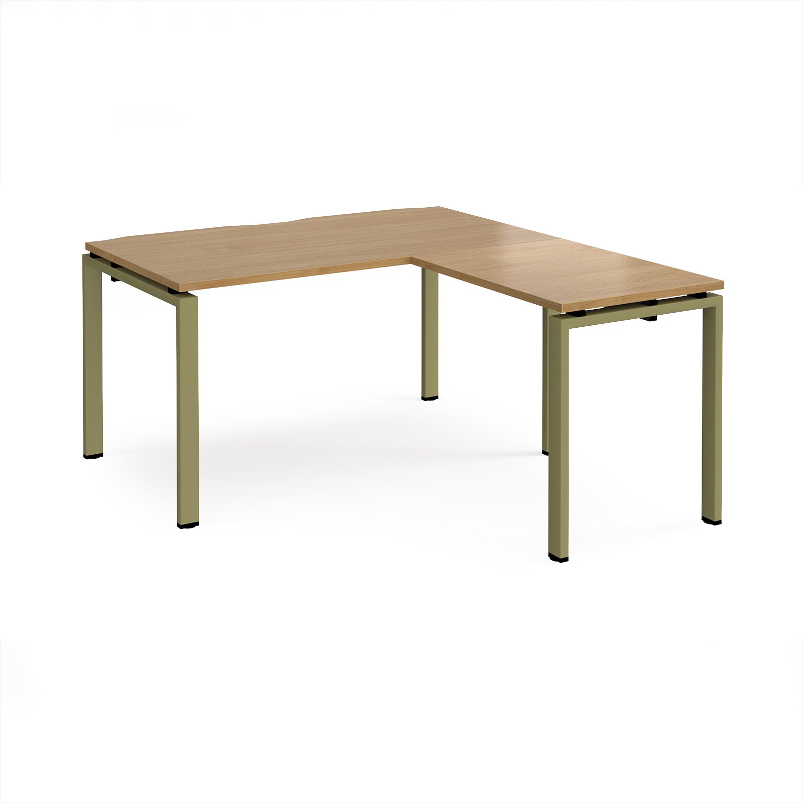 L-shaped desk with wood-effect top and green metal frame on a white background