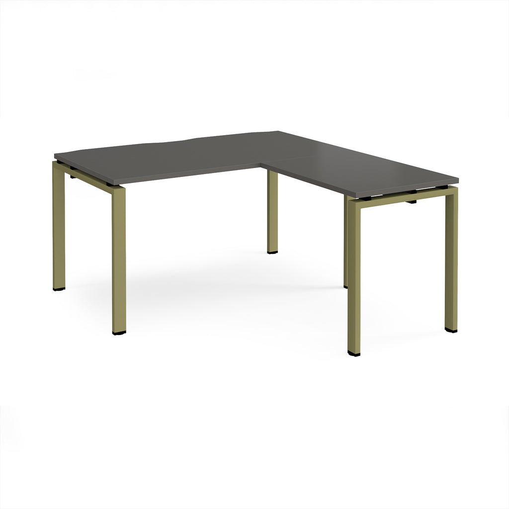 L-shaped desk with grey top and green metal frame on a white background