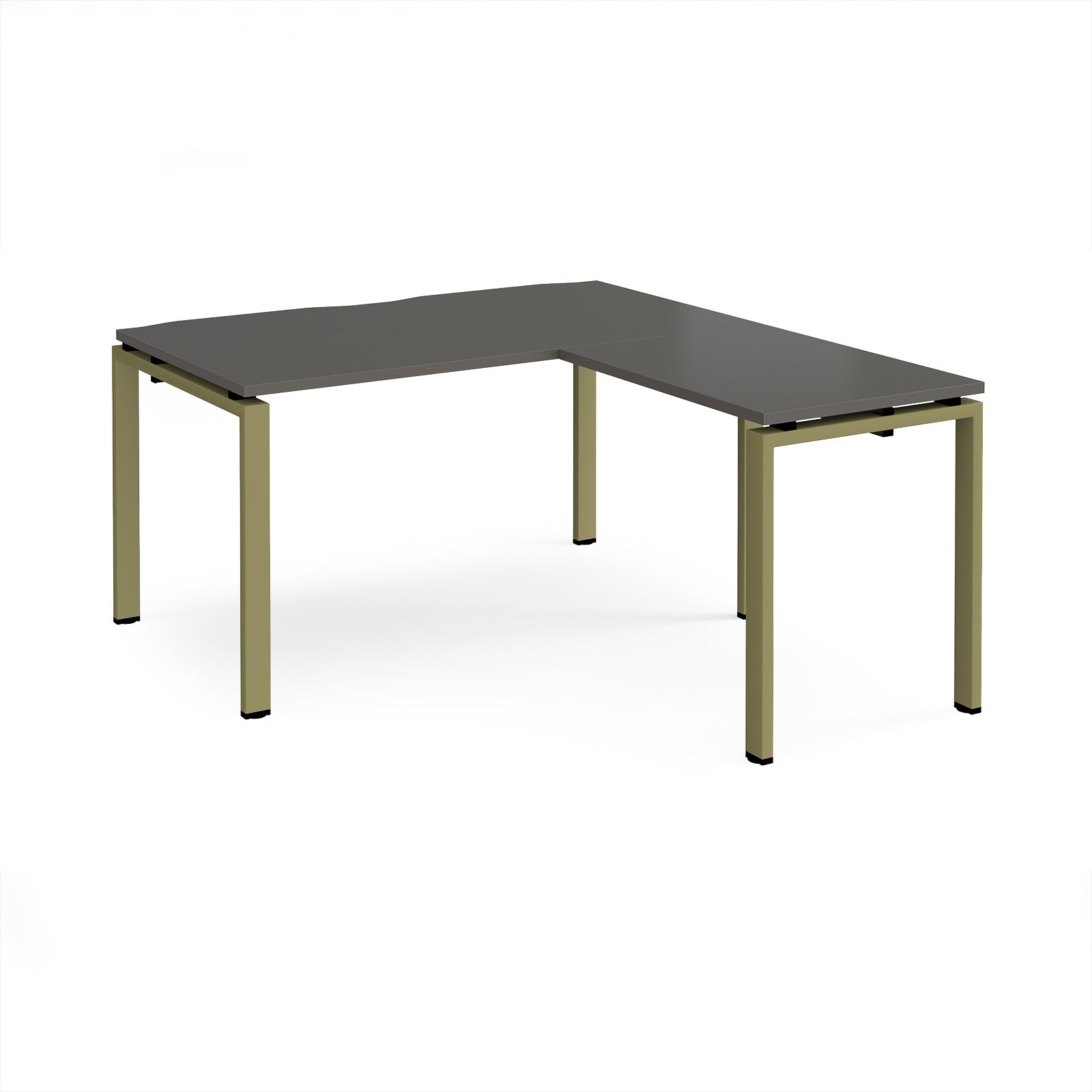 L-shaped desk with grey top and green metal frame on a white background