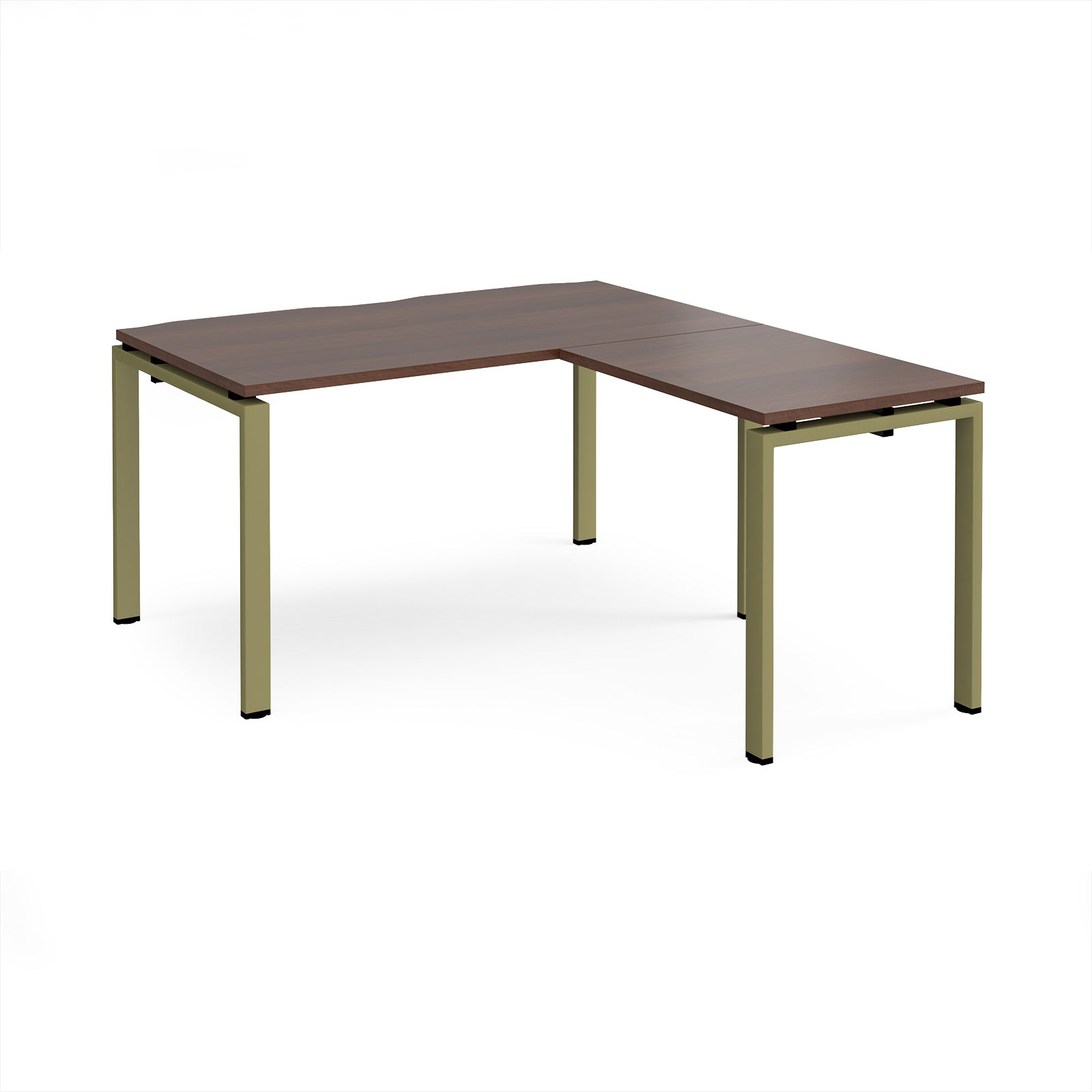 L-shaped desk with wood-effect top and green metal frame on a white background