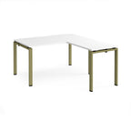 L-shaped desk with white top and green metal frame on a white background