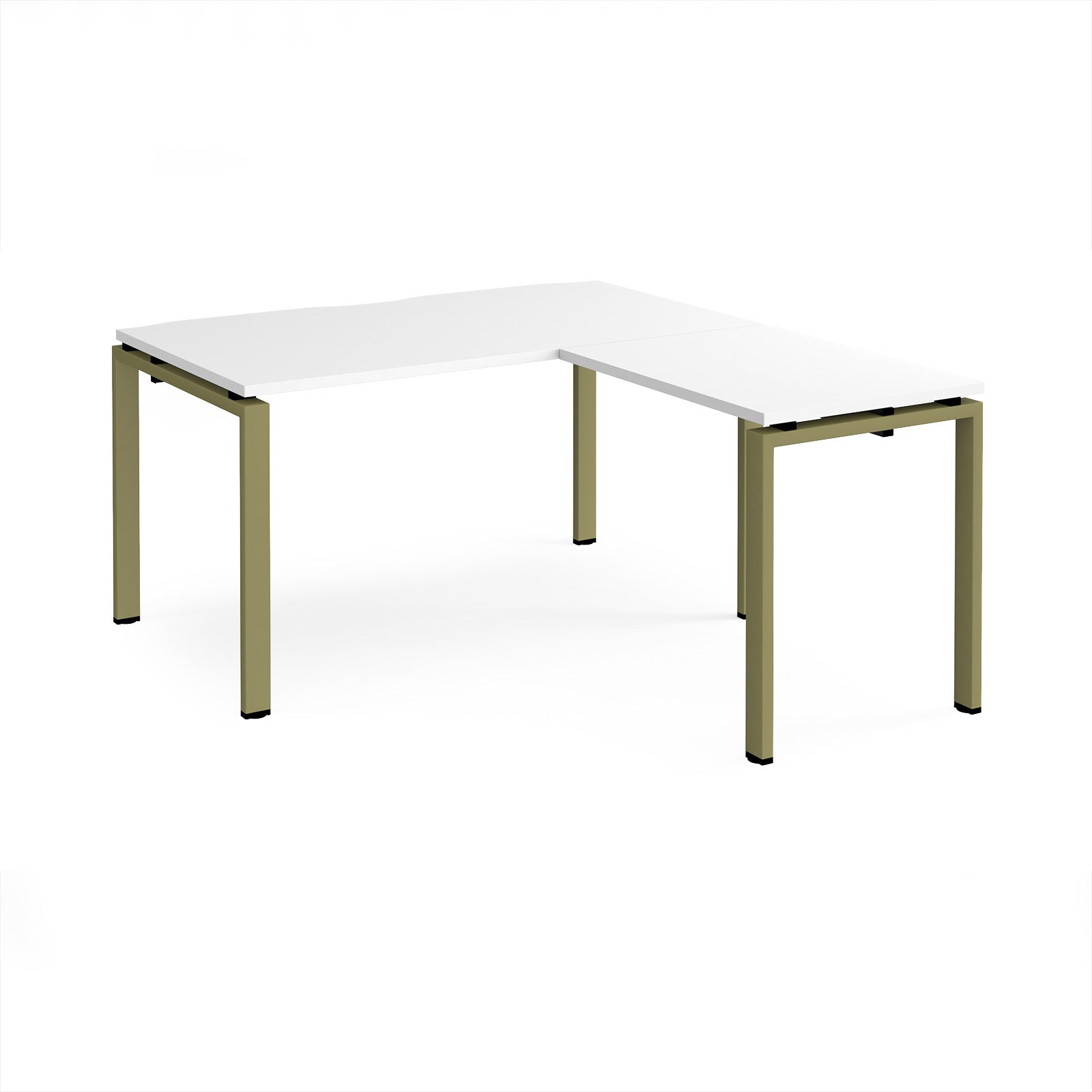 L-shaped desk with white top and green metal frame on a white background