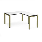 L-shaped desk with white top with black edges and green metal frame on a white background