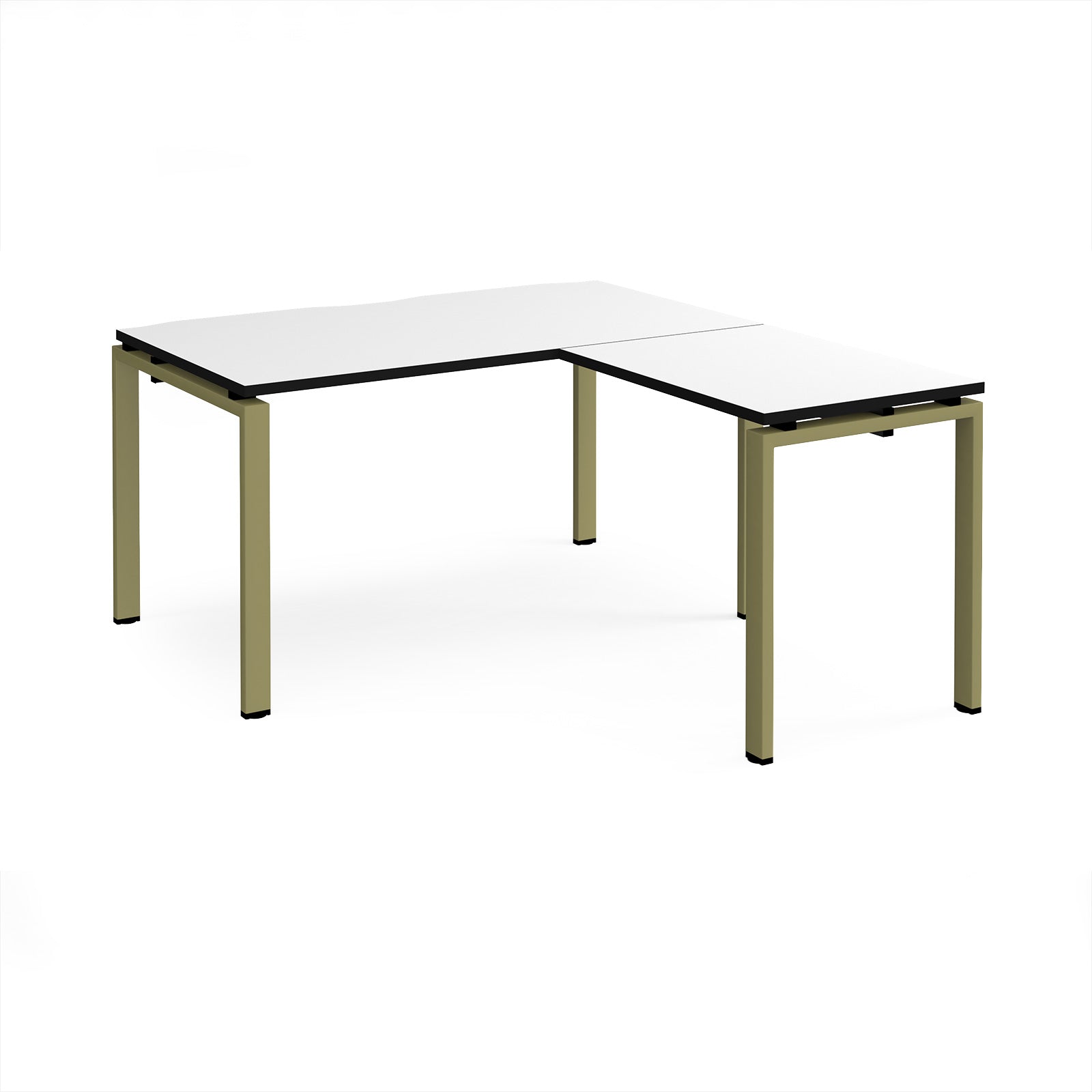 L-shaped desk with white top with black edges and green metal frame on a white background