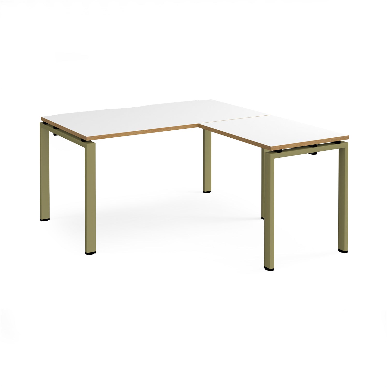 L-shaped desk with white top with wooden edges and green metal frame on a white background