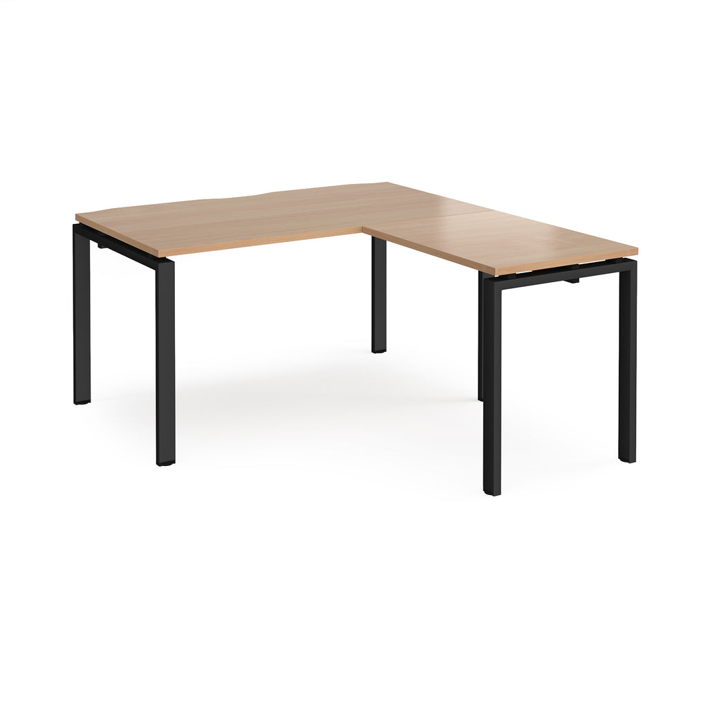 L-shaped desk with wood-effect top and black metal frame on a white background