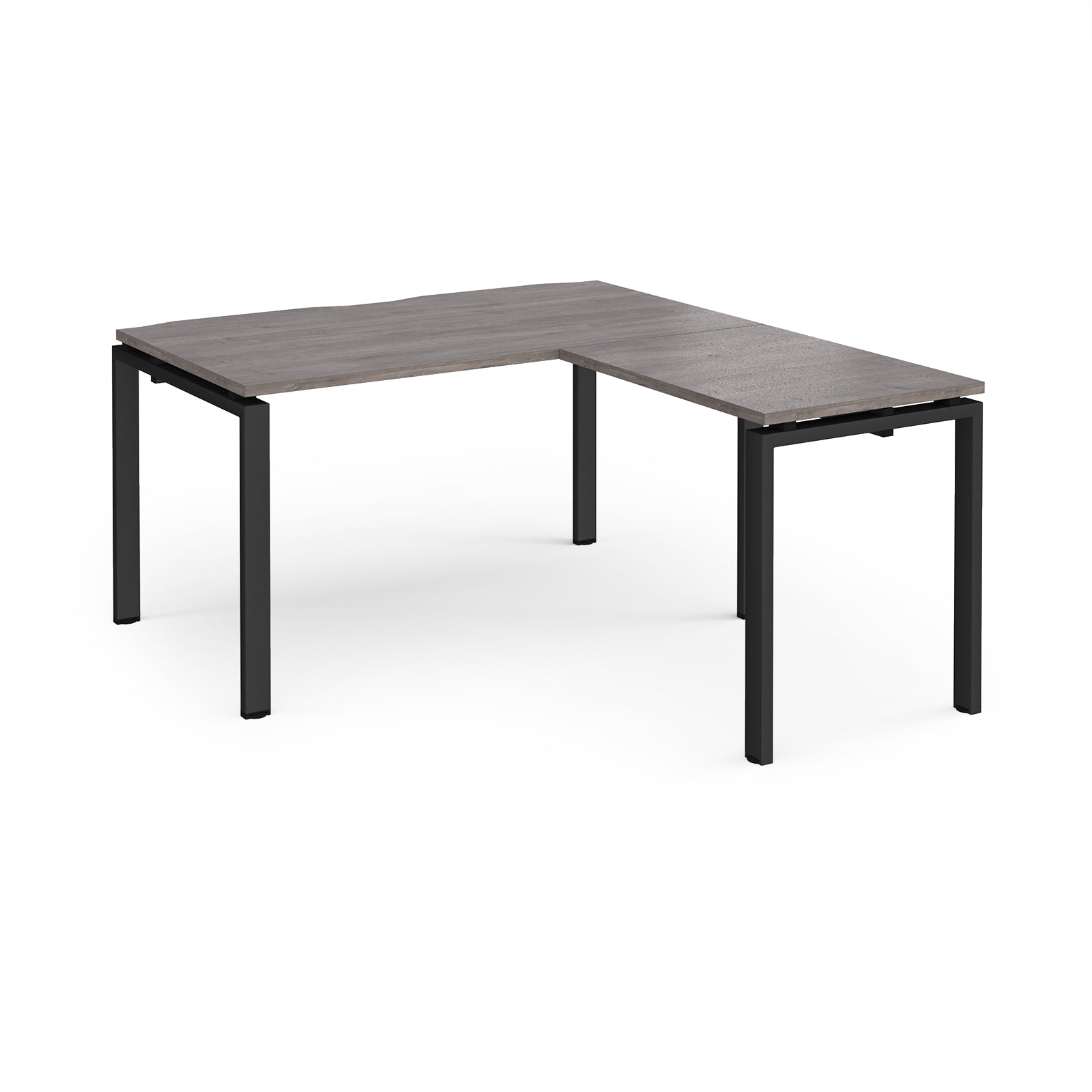 L-shaped desk with grey wood-effect top and black metal frame on a white background