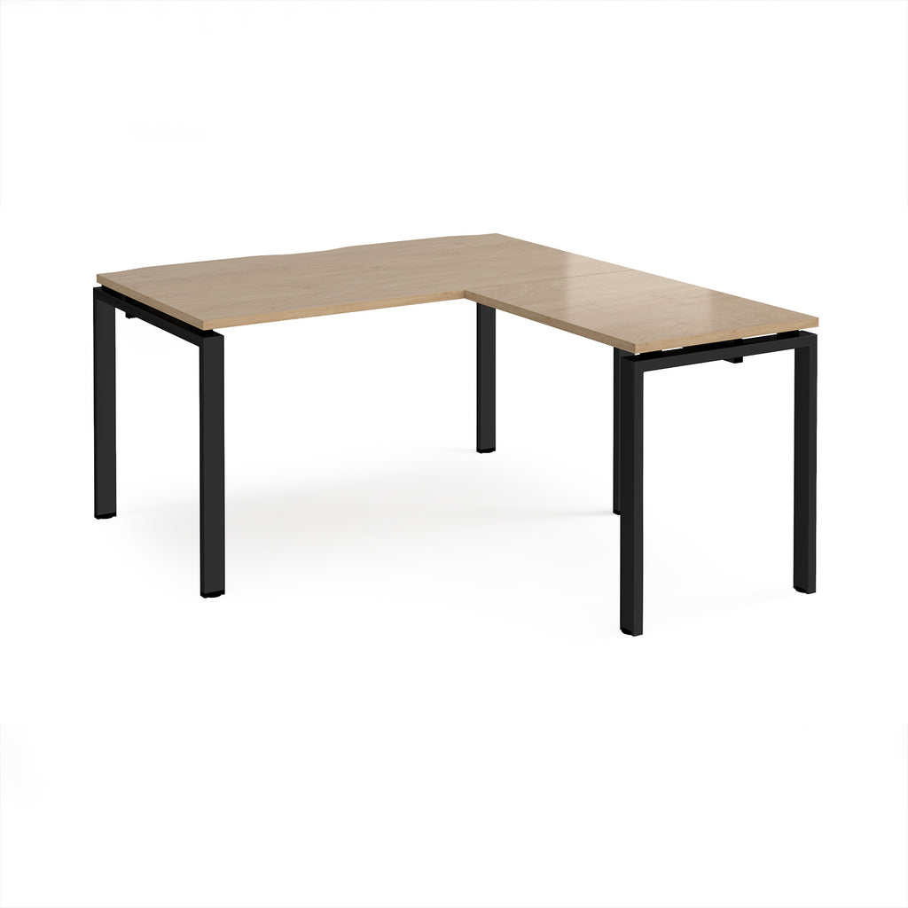 L-shaped desk with wood-effect top and black metal frame on a white background