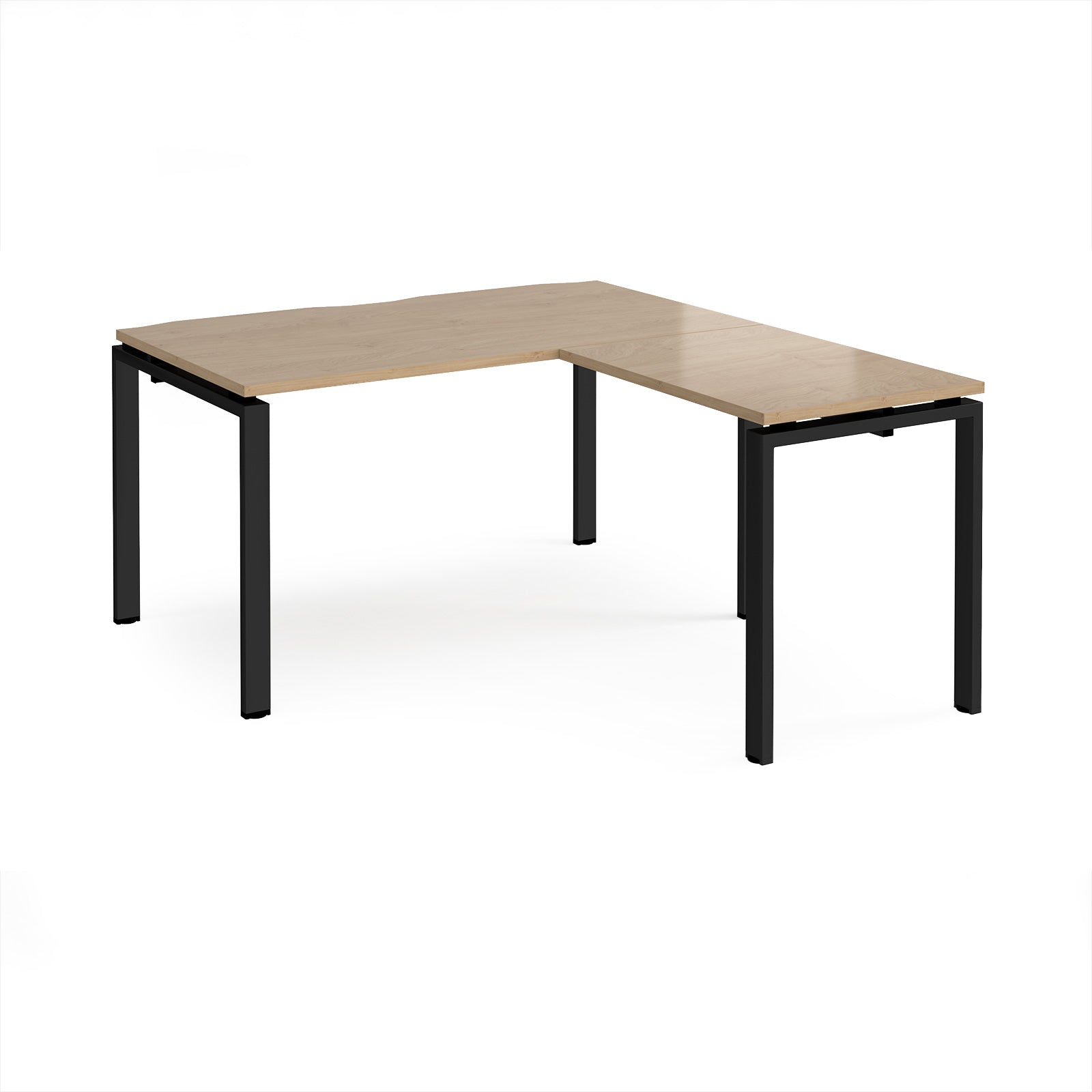 L-shaped desk with wood-effect top and black metal frame on a white background