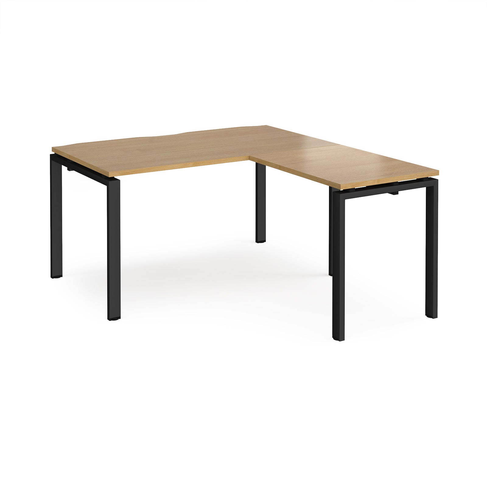 L-shaped desk with wood-effect top and black metal frame on a white background