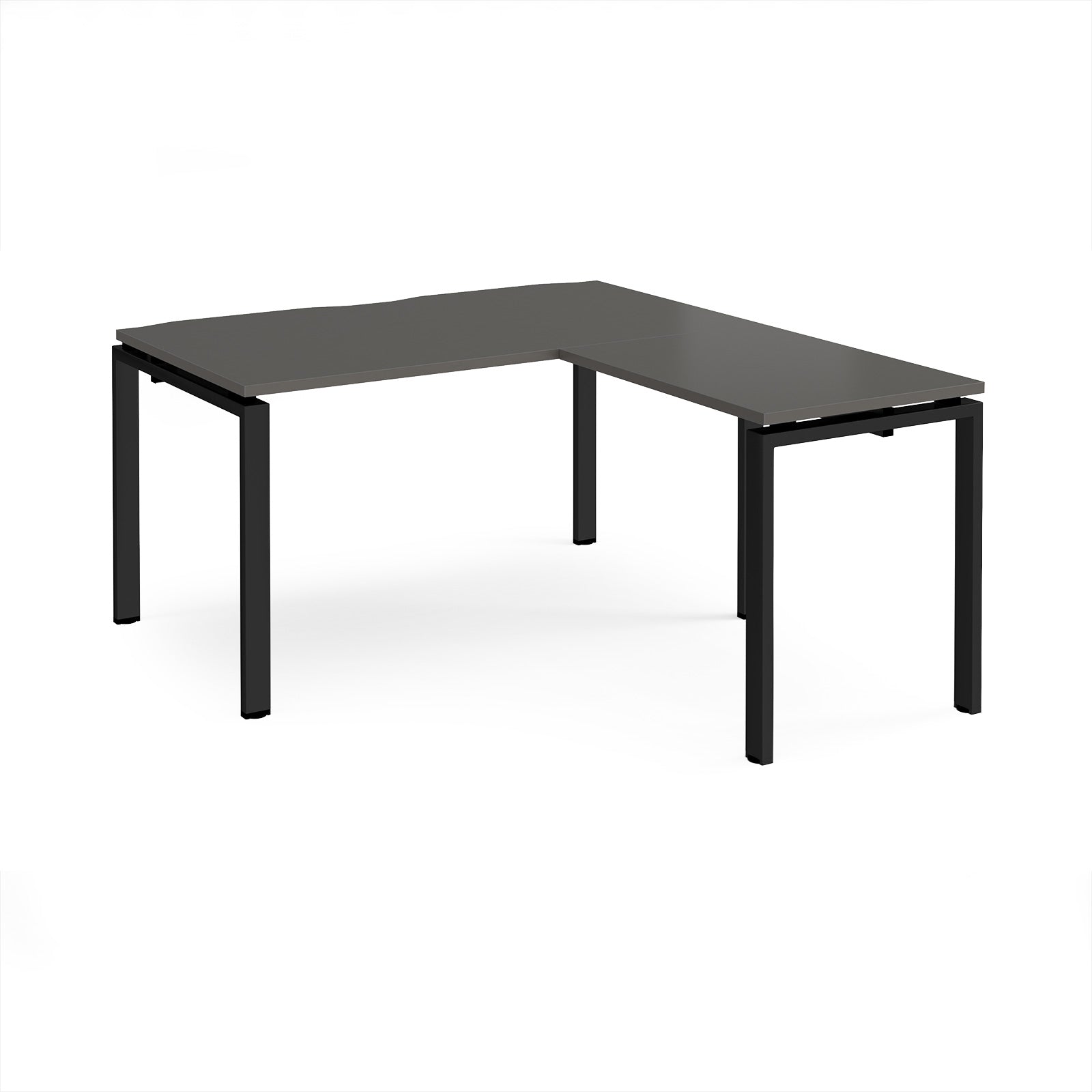 L-shaped desk with grey top and black metal frame on a white background