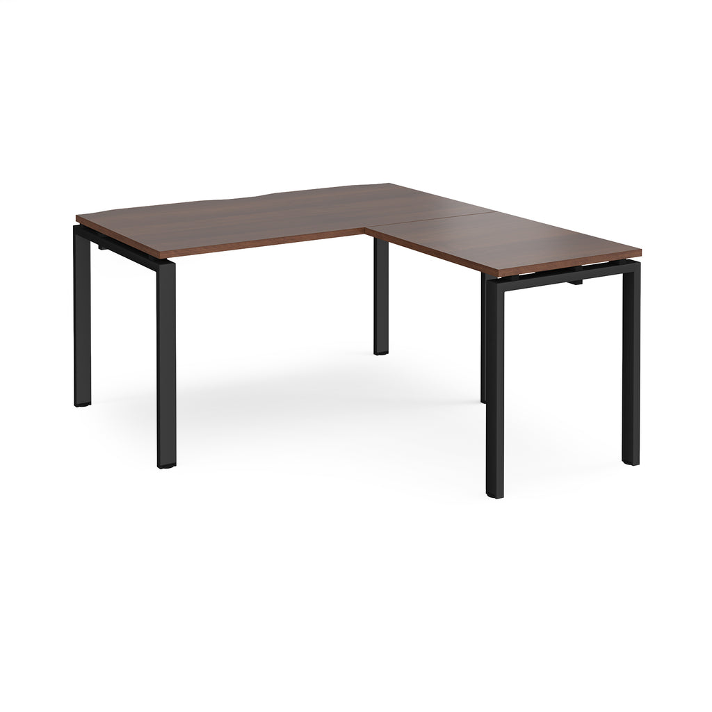 L-shaped desk with wood-effect top and black metal frame on a white background