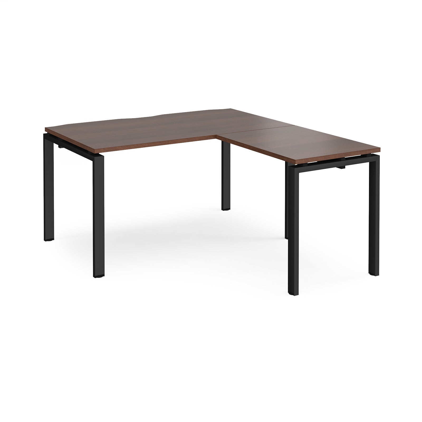 L-shaped desk with wood-effect top and black metal frame on a white background