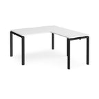 L-shaped desk with white top and black metal frame on a white background