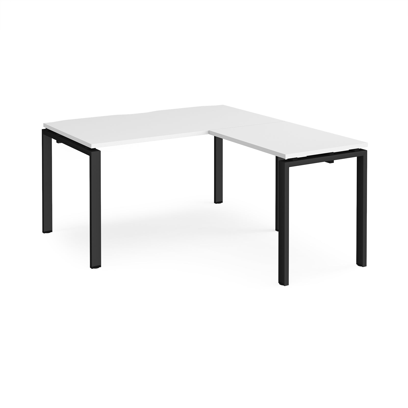 L-shaped desk with white top and black metal frame on a white background