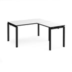 L-shaped desk with white top with black edges and black metal frame on a white background
