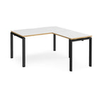 L-shaped desk with white top with wooden edges and black metal frame on a white background