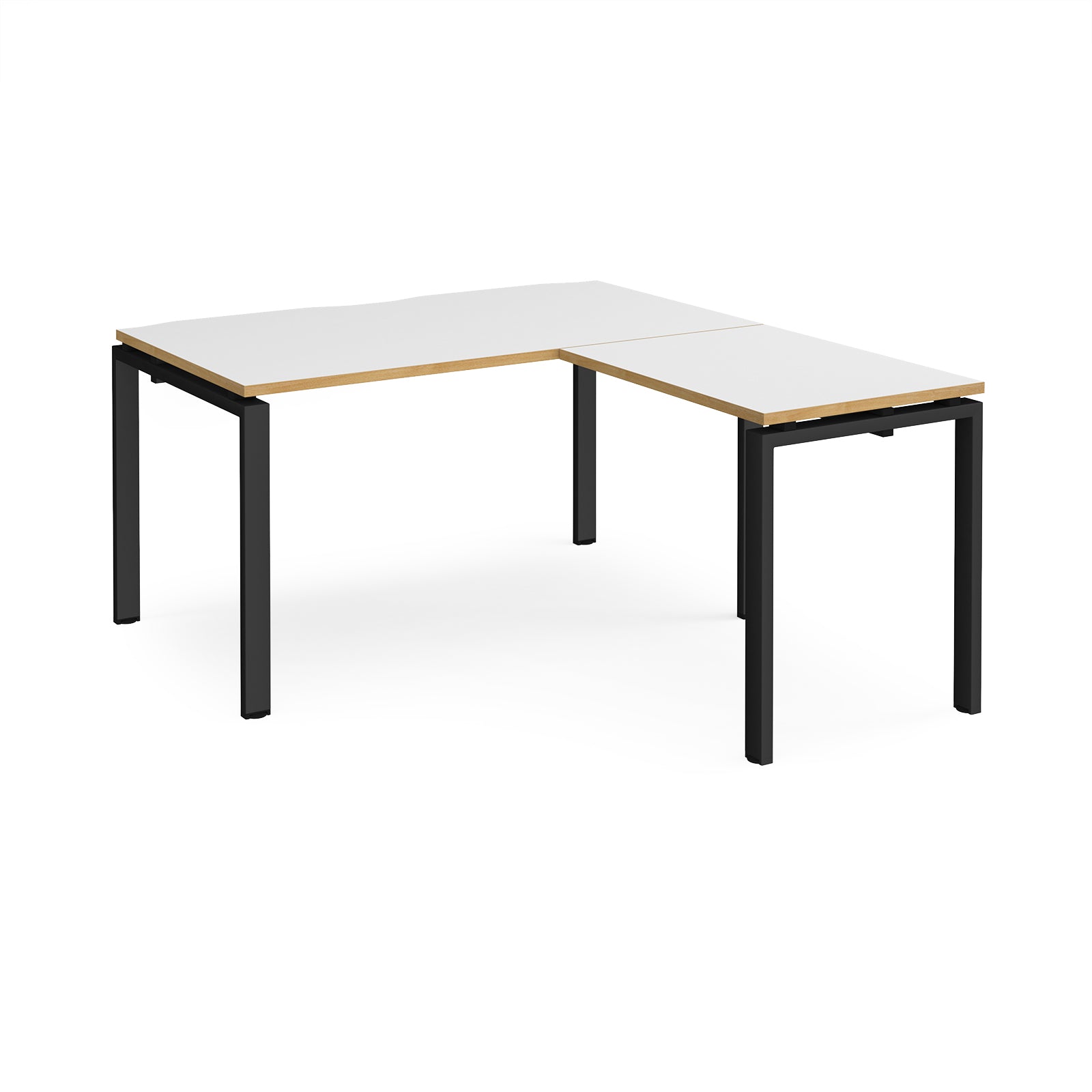 L-shaped desk with white top with wooden edges and black metal frame on a white background
