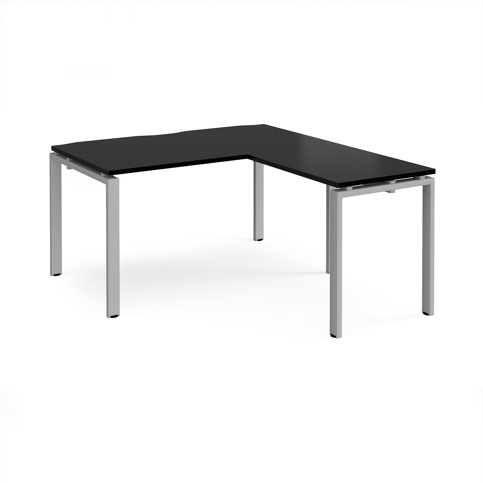 L-shaped desk with black top and silver metal frame on a white background