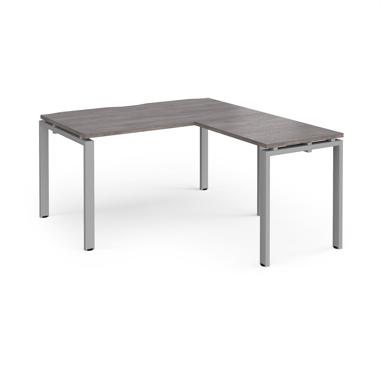L-shaped desk with grey wood-effect top and silver metal frame on a white background